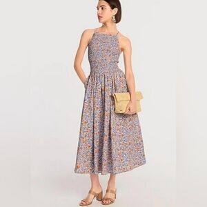 J. Crew Long Blue Halter Dress, Afternoon Floral, Ruched Top, Size Small